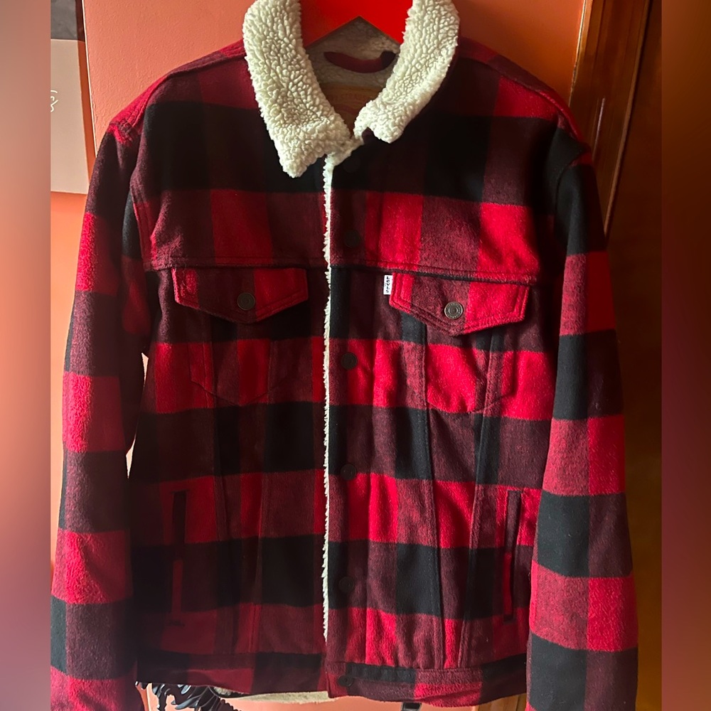 LEVI’S Quilted Lined Sherpa Red & Black Buffalo Plaid Jacket Men’s Sz L Large